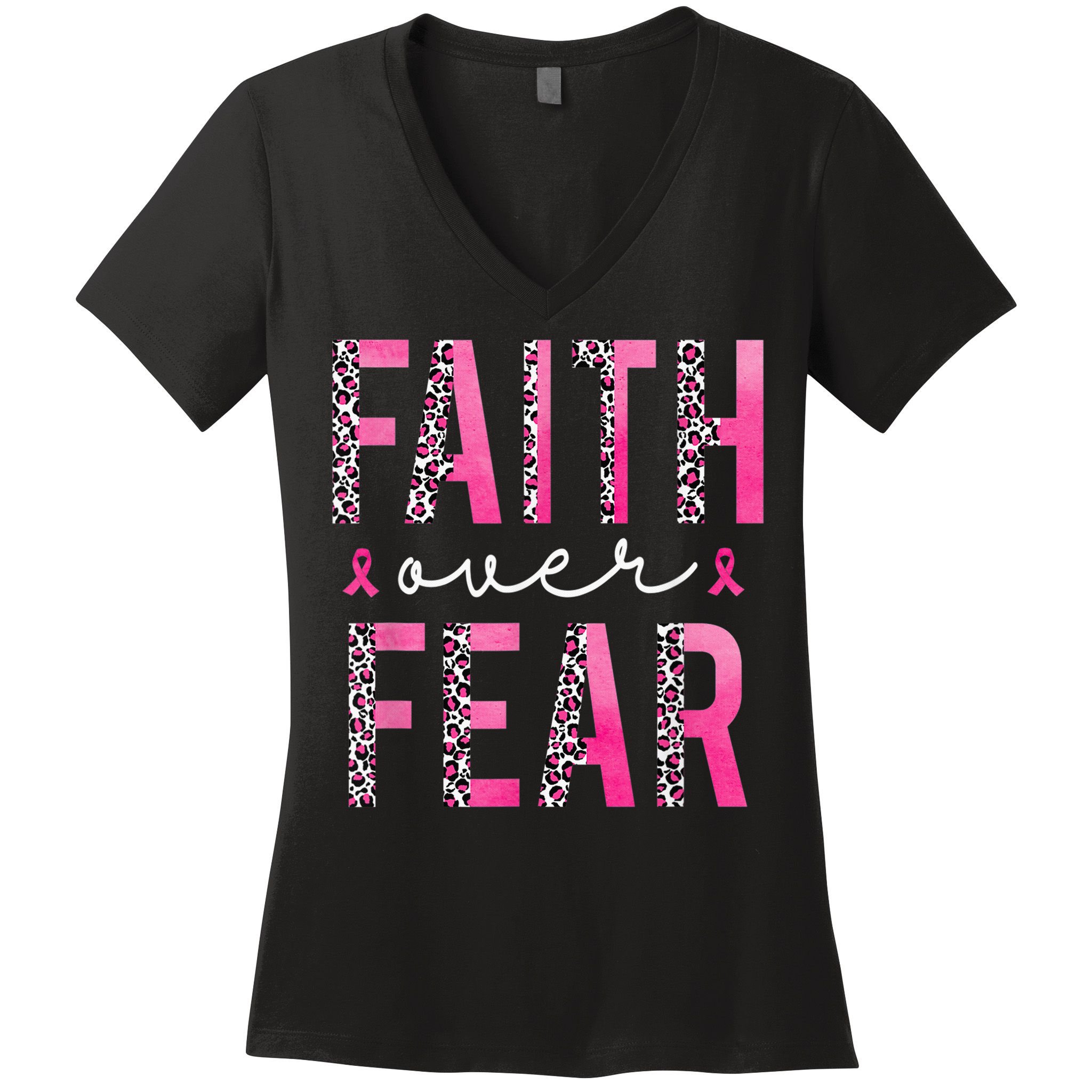 Faith Over Fear Pink Ribbon Breast Cancer Awareness Women Women's V-Neck T-Shirt
