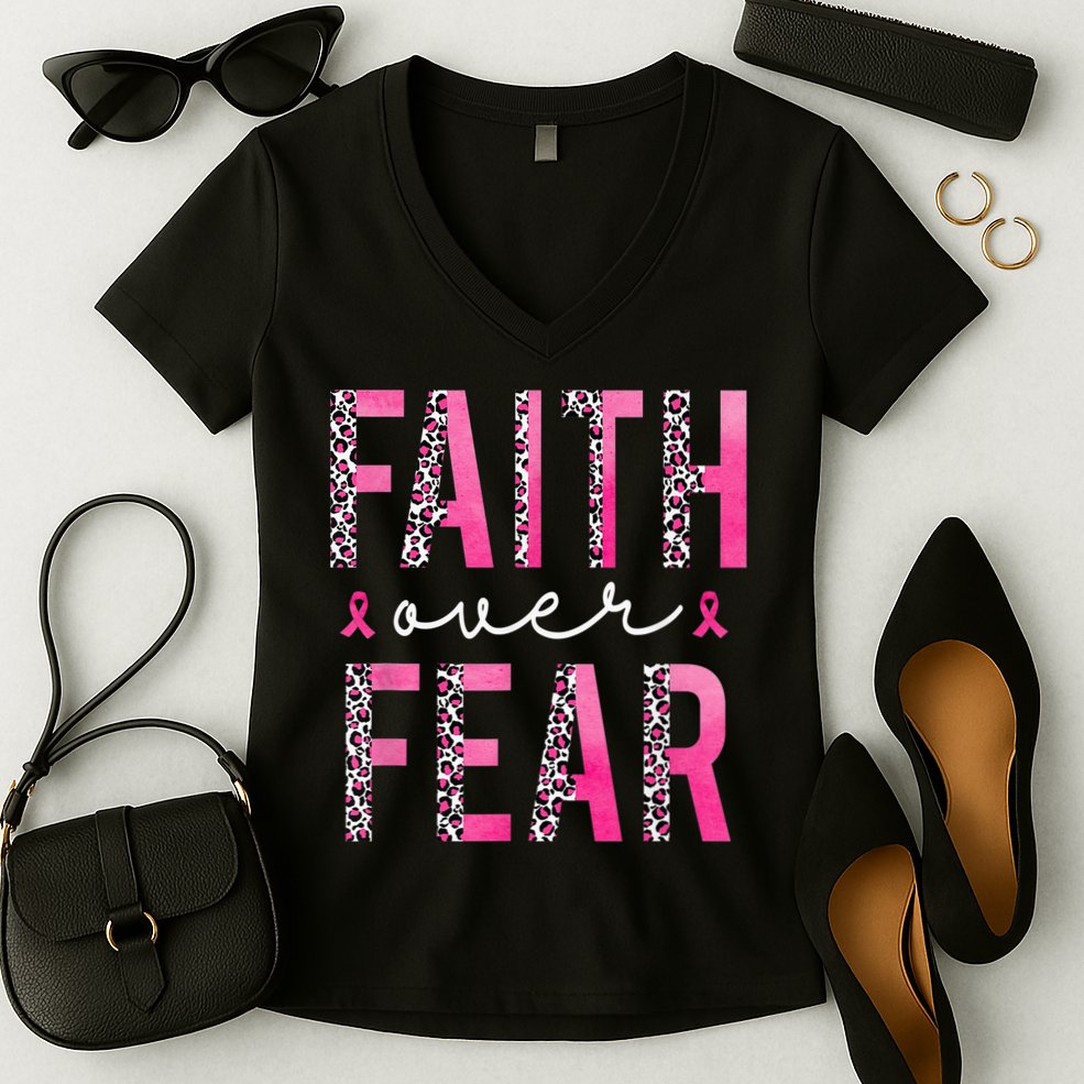 Faith Over Fear Pink Ribbon Breast Cancer Awareness Women Women's V-Neck T-Shirt