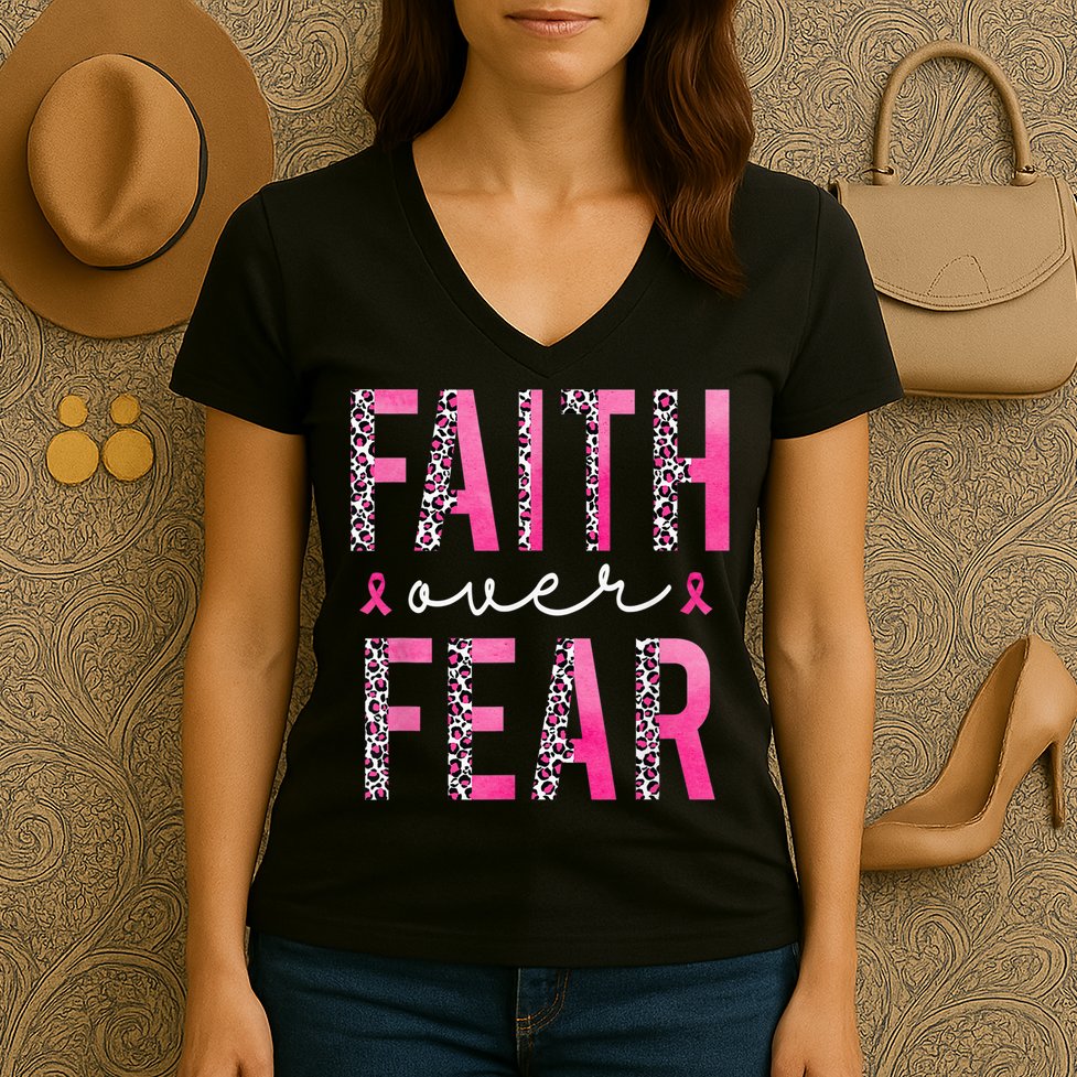 Faith Over Fear Pink Ribbon Breast Cancer Awareness Women Women's V-Neck T-Shirt
