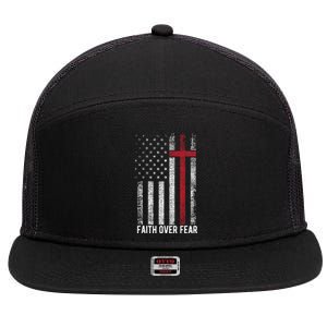 Faith Over Fear American USA Flag Christian Cross Jesus 7 Panel Mesh Trucker Snapback Hat