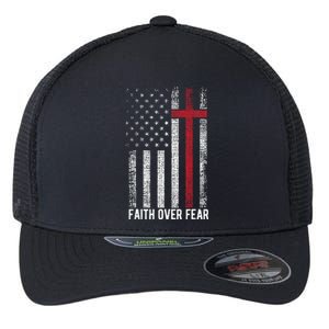 Faith Over Fear American USA Flag Christian Cross Jesus Flexfit Unipanel Trucker Cap