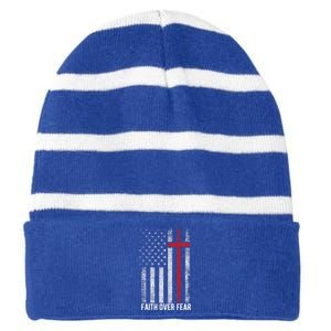 Faith Over Fear American USA Flag Christian Cross Jesus Striped Beanie with Solid Band