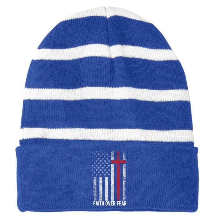 Faith Over Fear American USA Flag Christian Cross Jesus Striped Beanie with Solid Band