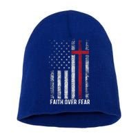 Faith Over Fear American USA Flag Christian Cross Jesus Short Acrylic Beanie