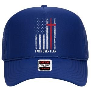 Faith Over Fear American USA Flag Christian Cross Jesus High Crown Mesh Back Trucker Hat