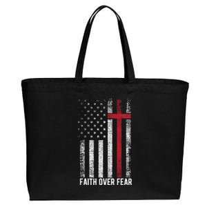 Faith Over Fear American USA Flag Christian Cross Jesus Cotton Canvas Jumbo Tote