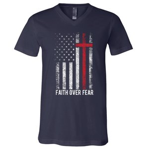 Faith Over Fear American USA Flag Christian Cross Jesus V-Neck T-Shirt