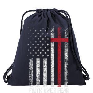 Faith Over Fear American USA Flag Christian Cross Jesus Drawstring Bag