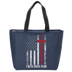 Faith Over Fear American USA Flag Christian Cross Jesus Zip Tote Bag