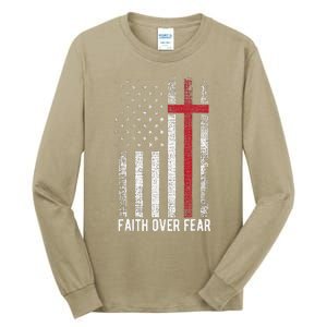 Faith Over Fear American USA Flag Christian Cross Jesus Tall Long Sleeve T-Shirt