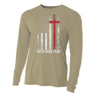 Faith Over Fear American USA Flag Christian Cross Jesus Cooling Performance Long Sleeve Crew