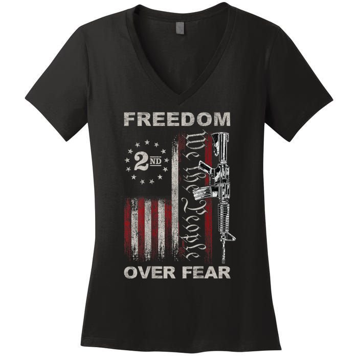 Freedom Over Fear 2nd Amendment Patriotic ProGun ON BACK Women's V-Neck T-Shirt