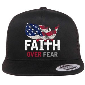 Faith Over Fear Patriotic Christian Usa Flag Lord Jesus Flat Bill Trucker Hat