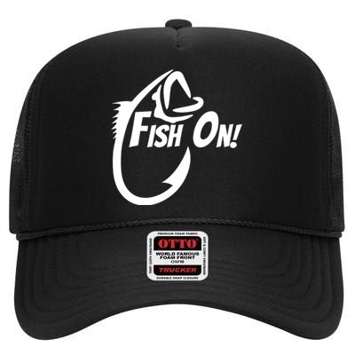 Fish On Fishing Gift For Bass Fisherman Fishing Gift High Crown Mesh Back Trucker Hat