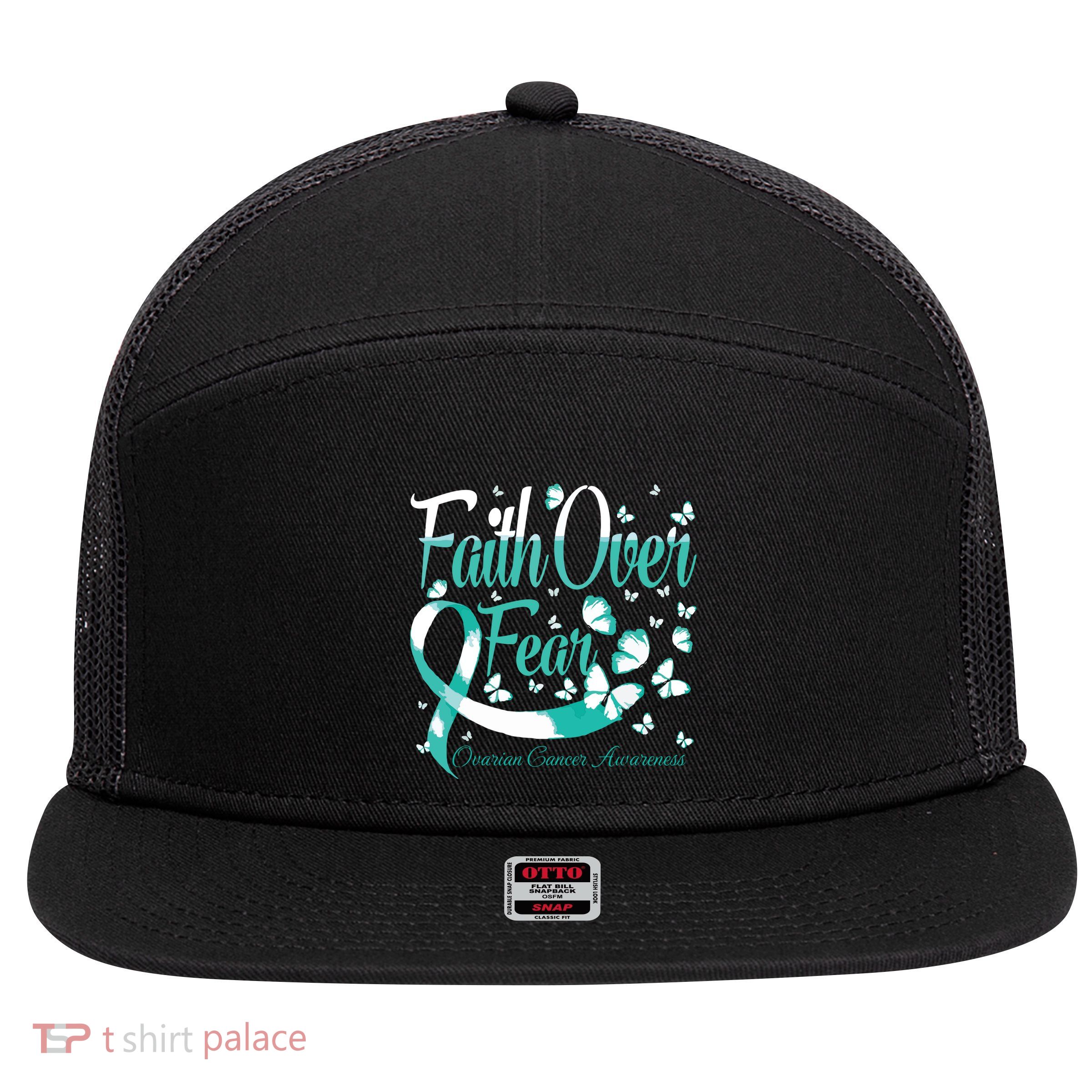Faith Over Fear Ovarian Cancer Awareness Butterfly 7 Panel Mesh Trucker Snapback Hat