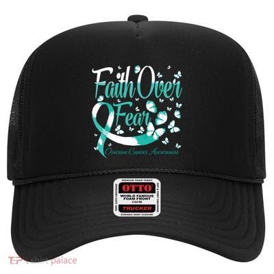 Faith Over Fear Ovarian Cancer Awareness Butterfly High Crown Mesh Back Trucker Hat