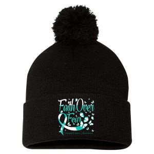 Faith Over Fear Ovarian Cancer Awareness Butterfly Pom Pom 12in Knit Beanie