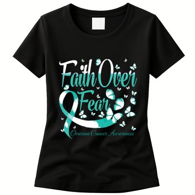 Faith Over Fear Ovarian Cancer Awareness Butterfly Womens T-Shirt
