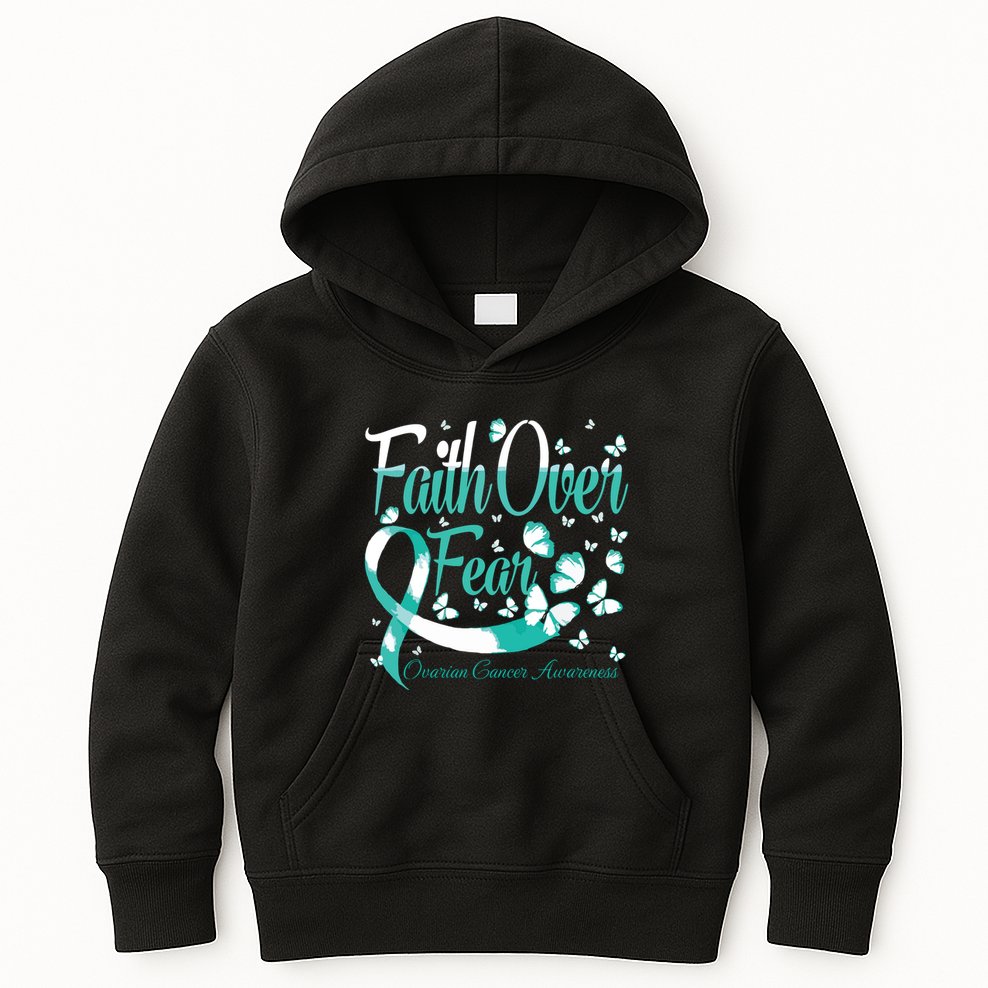 Faith Over Fear Ovarian Cancer Awareness Butterfly Kids Hoodie