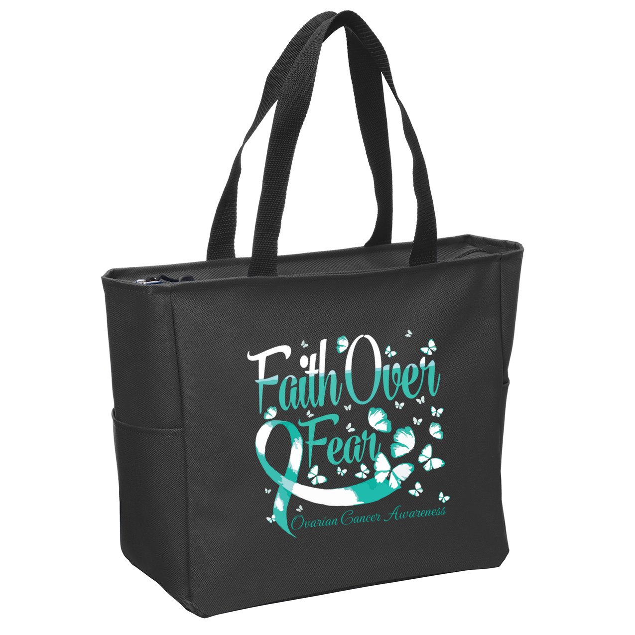 Faith Over Fear Ovarian Cancer Awareness Butterfly Zip Tote Bag