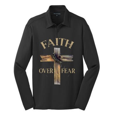 Faith Over Fear Christian Cross Religious For Silk Touch Performance Long Sleeve Polo