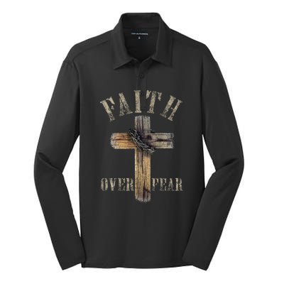 Faith Over Fear American Christian Cross God Jesus Silk Touch Performance Long Sleeve Polo