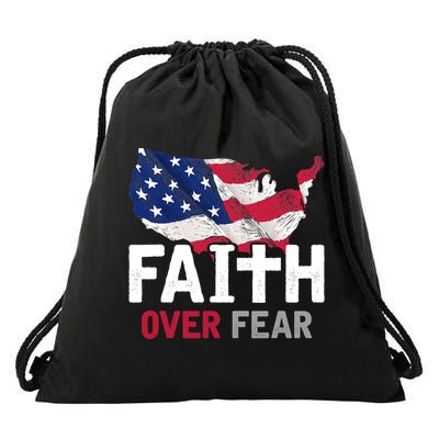 Faith Over Fear Patriotic Christian USA Flag Lord Jesus Drawstring Bag
