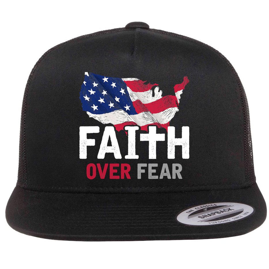 Faith Over Fear Patriotic Christian USA Flag Lord Jesus Flat Bill Trucker Hat