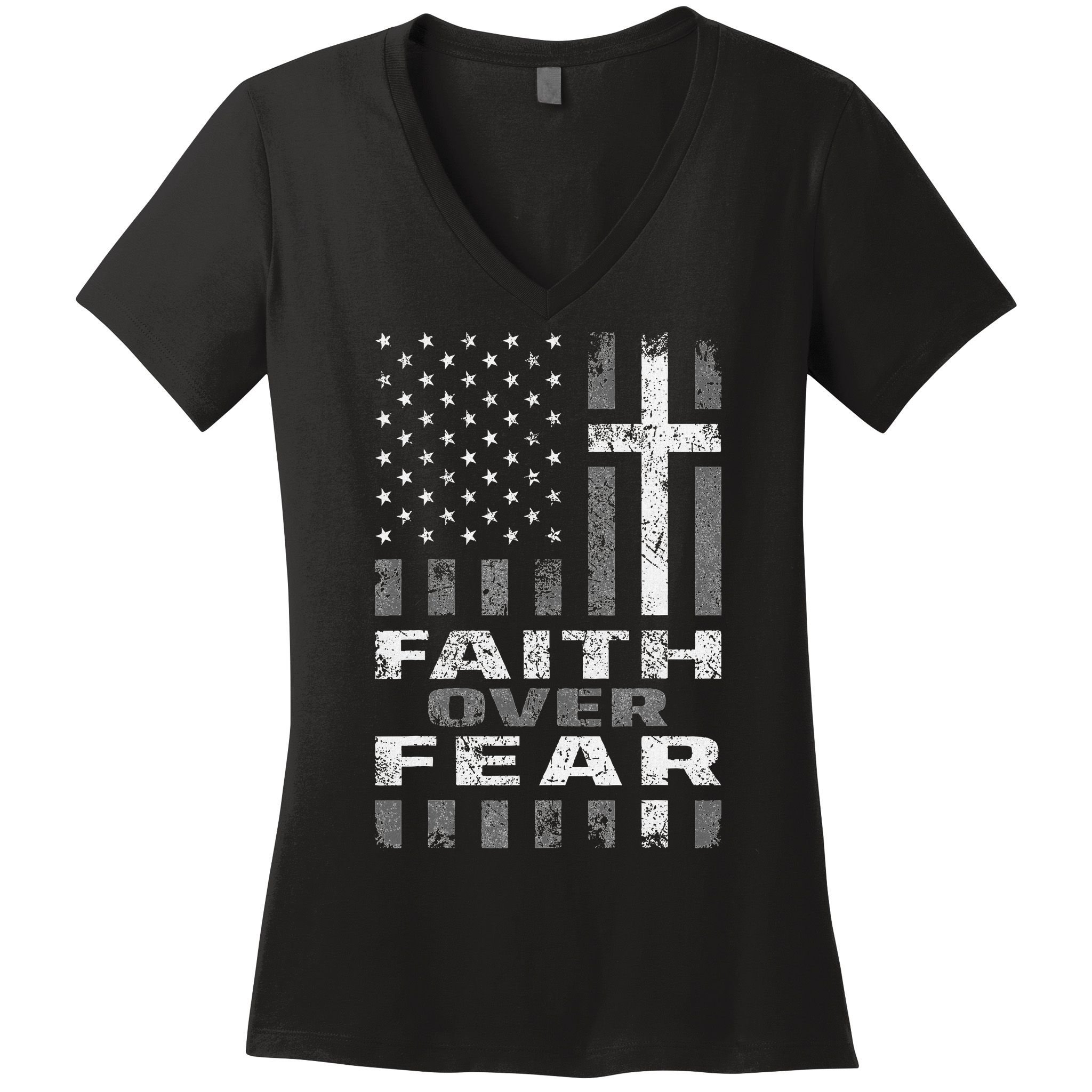 Faith Over Fear Christian Patriotism With Us Flag Women's V-Neck T-Shirt