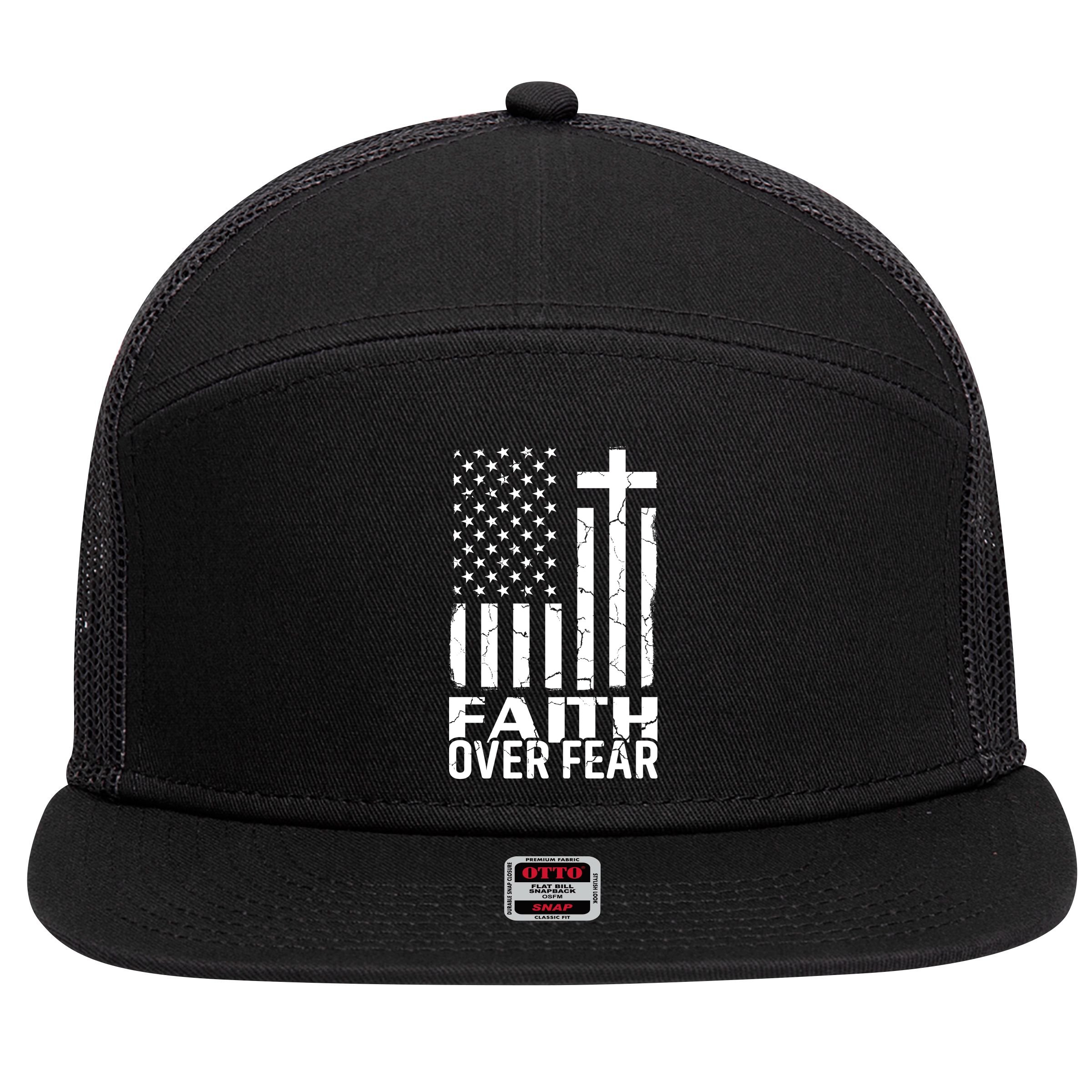 Faith Over Fear Conservative Christian US Flag 7 Panel Mesh Trucker Snapback Hat