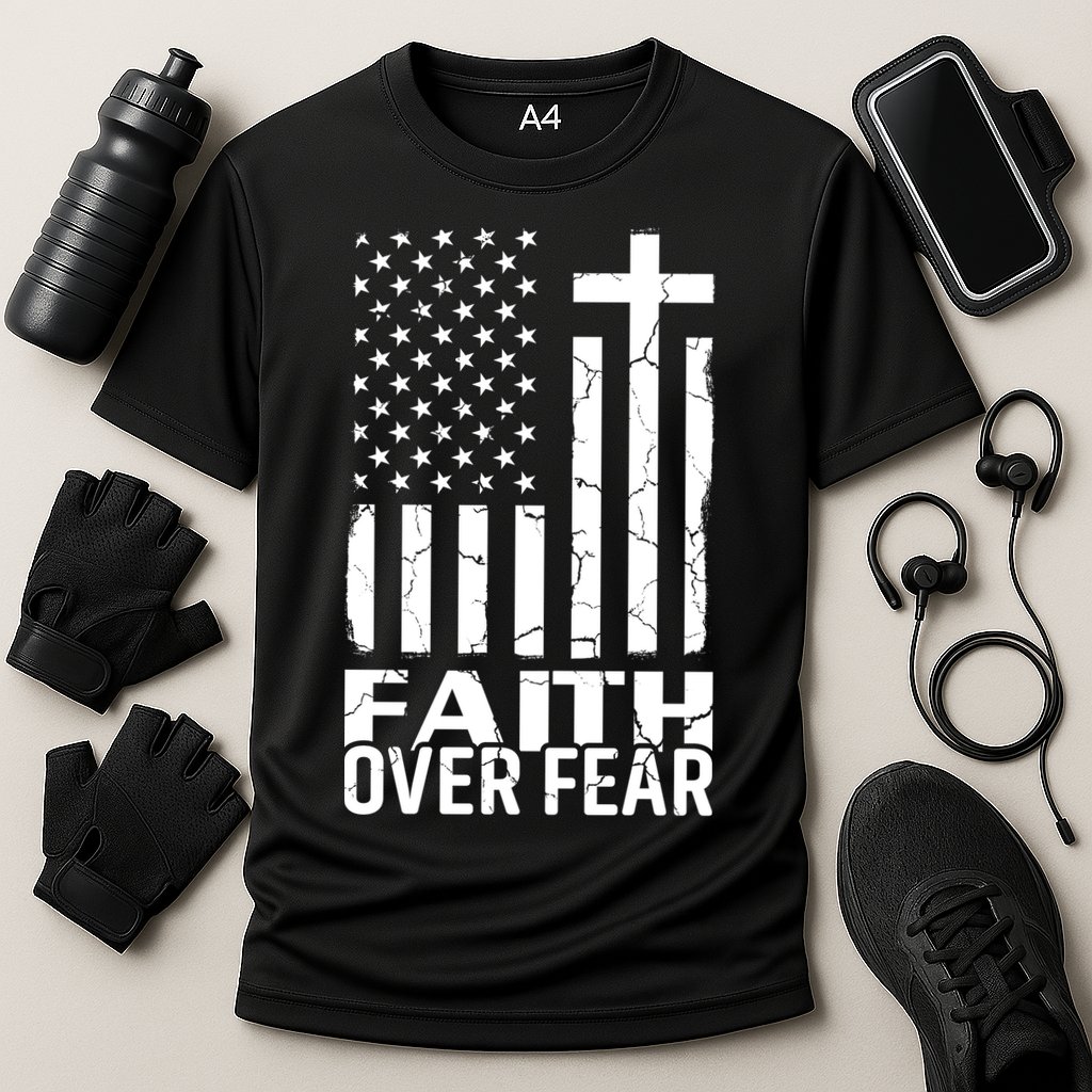 Faith Over Fear Conservative Christian US Flag Cooling Performance Crew T-Shirt