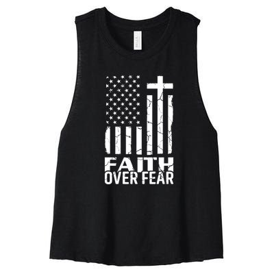 Faith Over Fear Conservative Christian US Flag Women's Racerback Cropped Tank