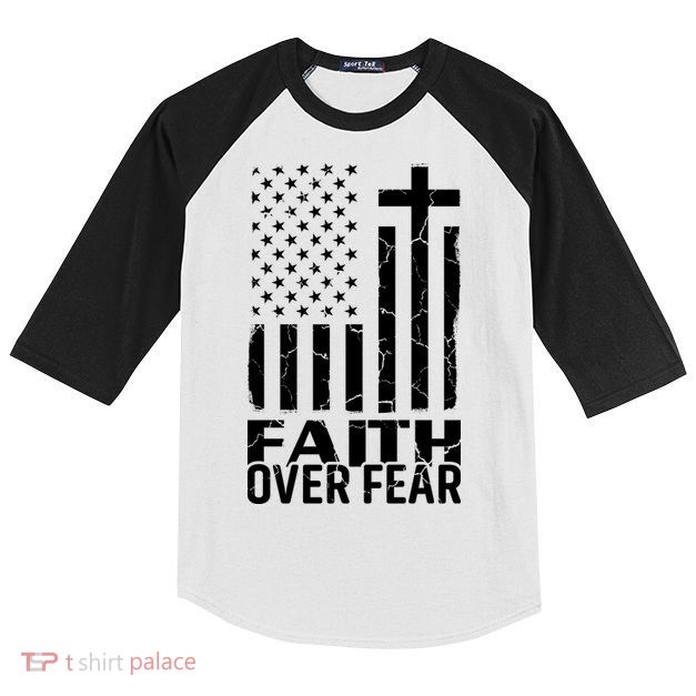 Faith Over Fear Conservative Christian US Flag Kids Colorblock Raglan Jersey