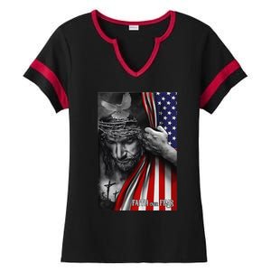 Faith Over Fear God Jesus Christian Flag Funny 4th Of July Ladies Halftime Notch Neck Tee