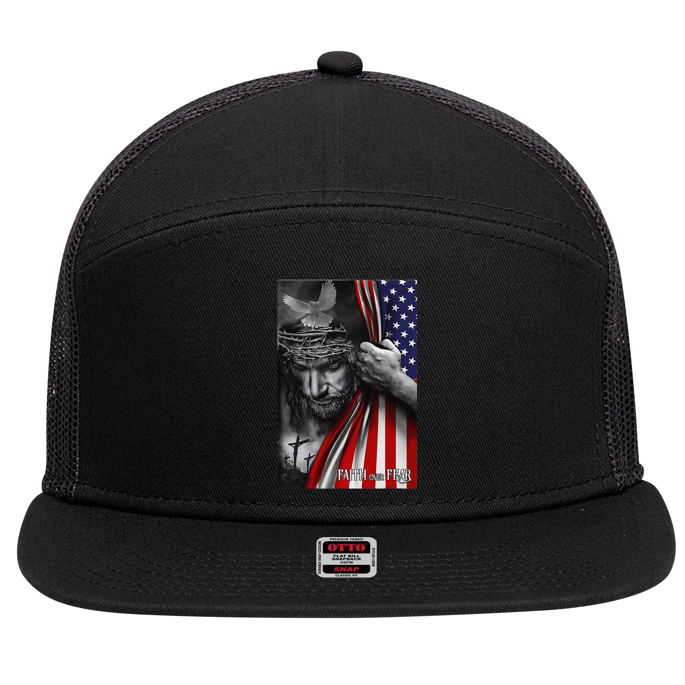Faith Over Fear God Jesus Christian Flag Funny 4th Of July 7 Panel Mesh Trucker Snapback Hat