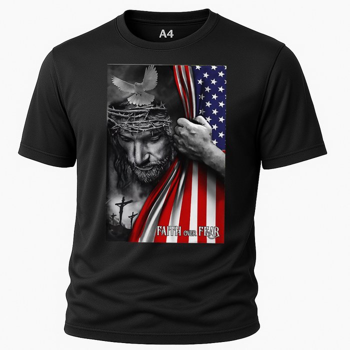 Faith Over Fear God Jesus Christian Flag Funny 4th Of July Cooling Performance Crew T-Shirt