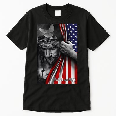 Faith Over Fear God Jesus Christian Flag Funny 4th Of July Tall T-Shirt