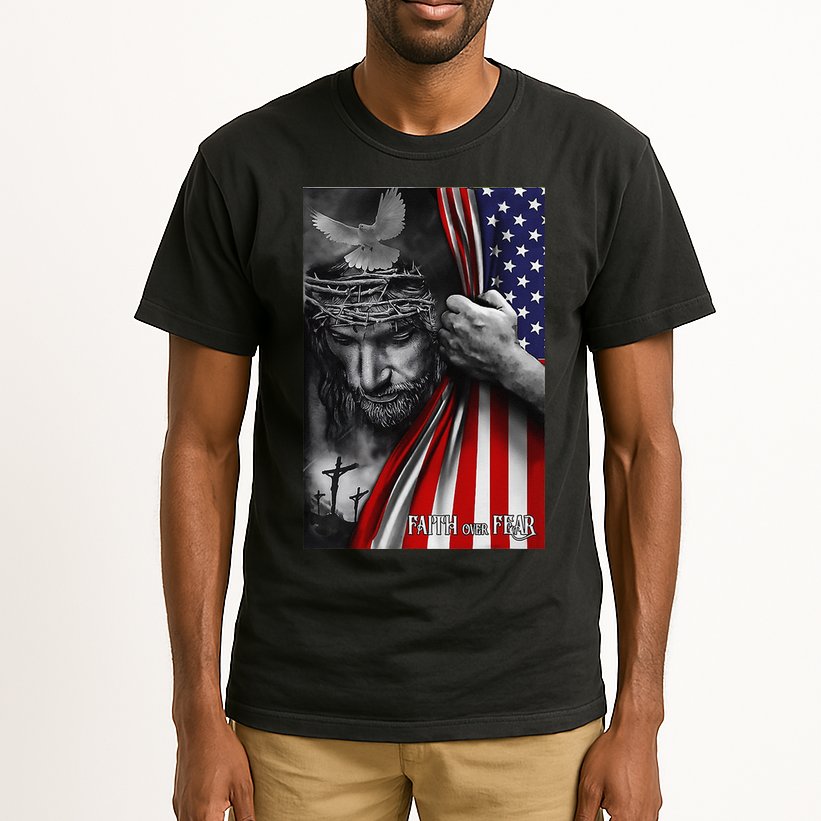 Faith Over Fear God Jesus Christian Flag Funny 4th Of July Tall T-Shirt