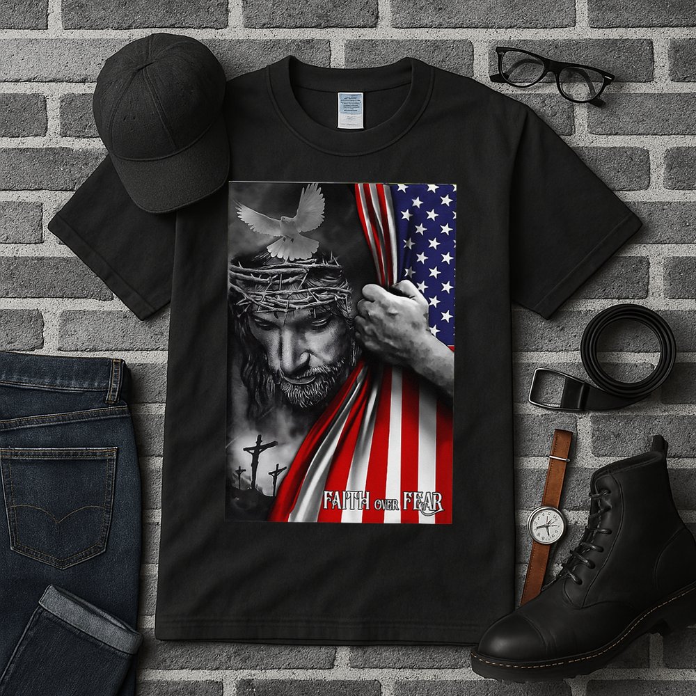 Faith Over Fear God Jesus Christian Flag Funny 4th Of July Tall T-Shirt