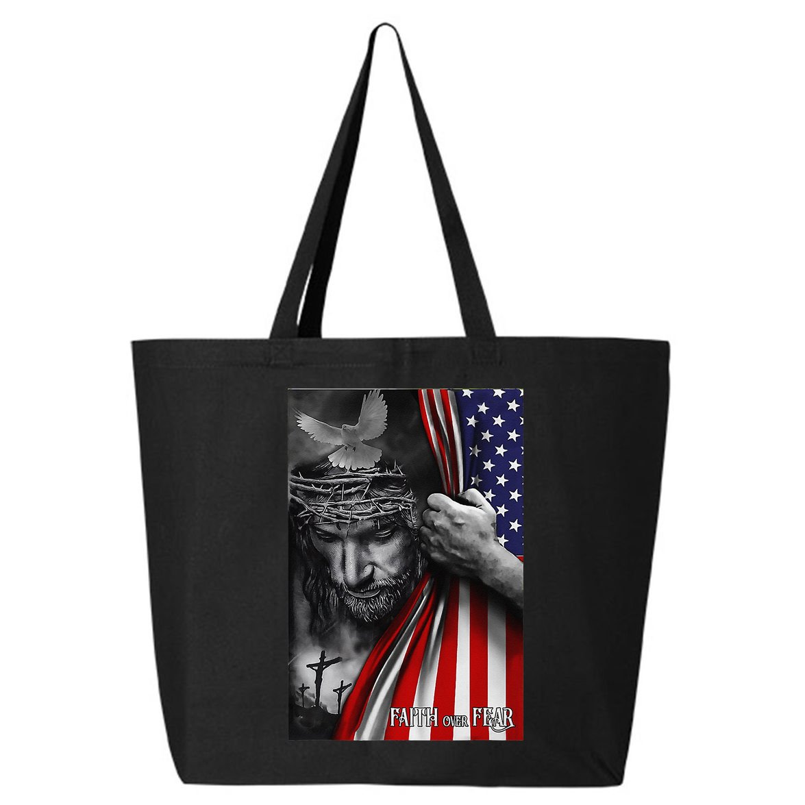 Faith Over Fear God Jesus Christian Flag Funny 4th Of July 25L Jumbo Tote