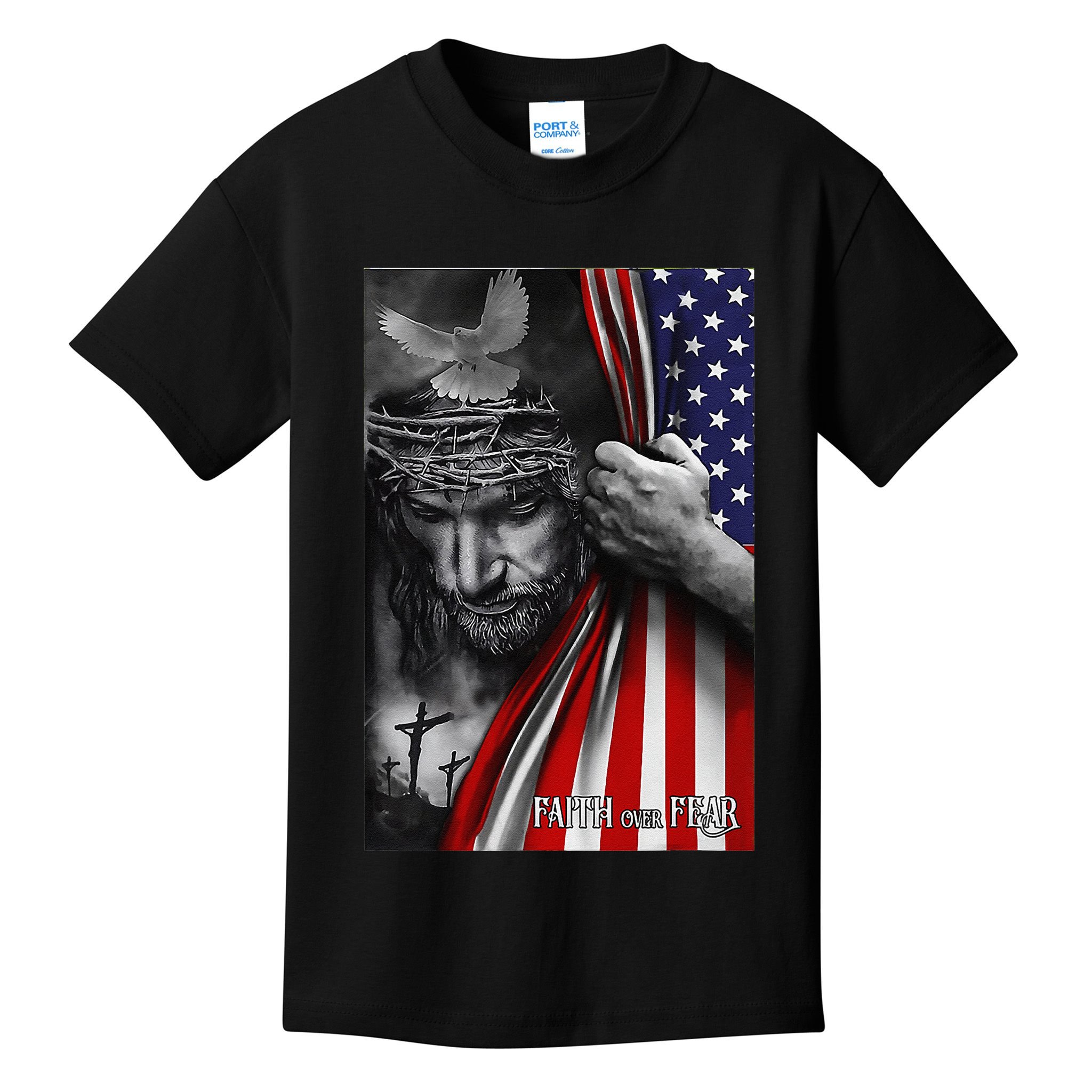 Faith Over Fear God Jesus Christian Flag Funny 4th Of July Kids T-Shirt