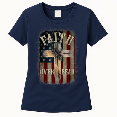 Faith Over Fear Christian American Cross God Jesus Usa Womens T-Shirt