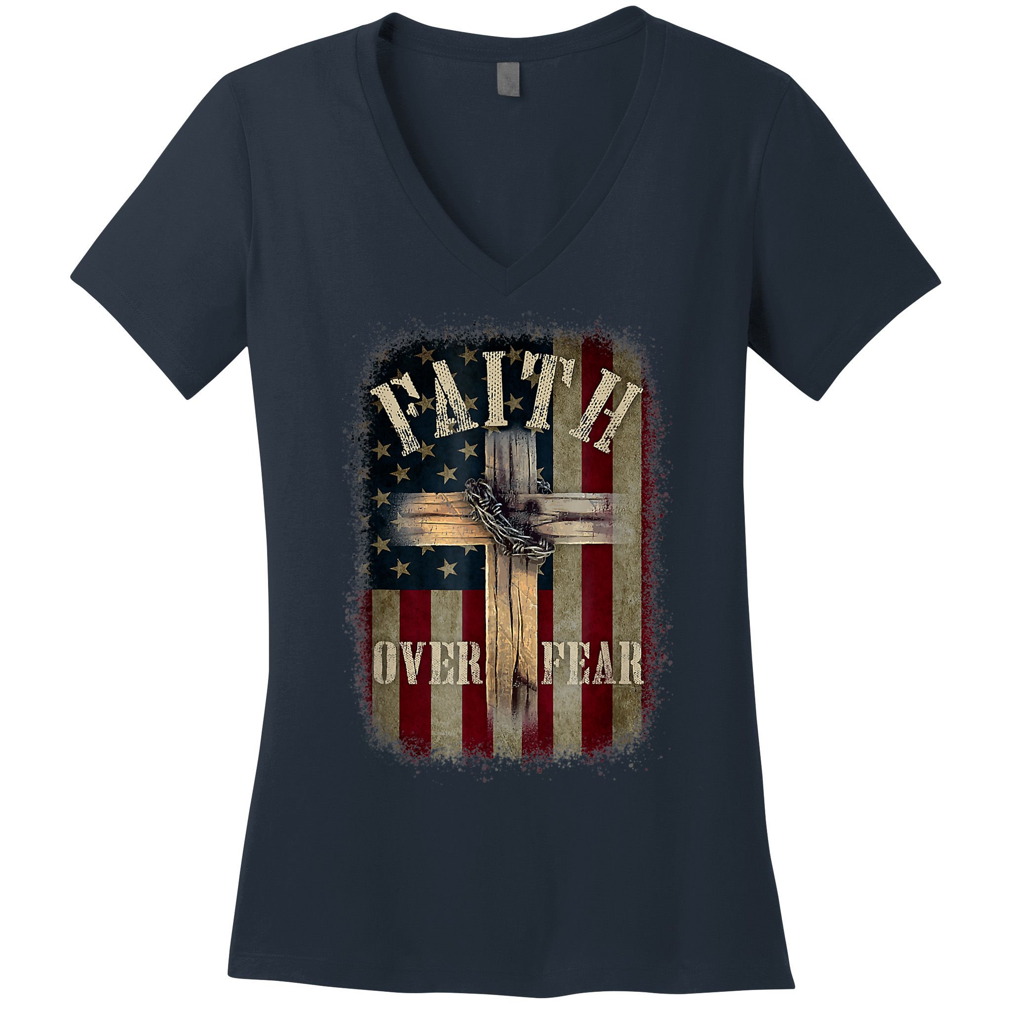 Faith Over Fear Christian American Cross God Jesus Usa Women's V-Neck T-Shirt