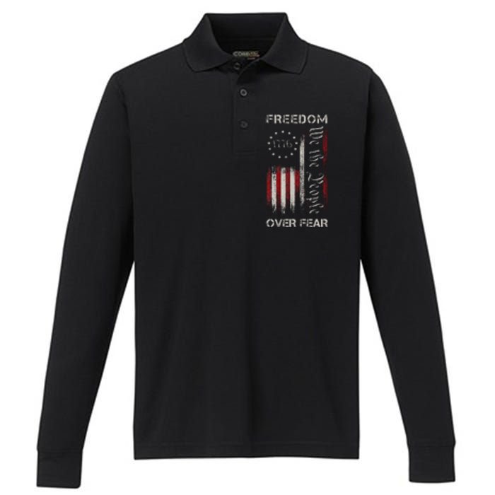 Freedom Over Fear Vintage Us American Flag 1776 Performance Long Sleeve Polo