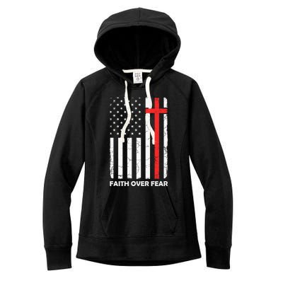 Faith Over Fear Vintage Old American Flag Cross Christian  Women's Fleece Hoodie