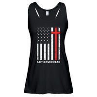 Faith Over Fear Vintage Old American Flag Cross Christian  Ladies Essential Flowy Tank