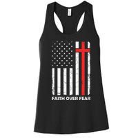 Faith Over Fear Vintage Old American Flag Cross Christian  Women's Racerback Tank