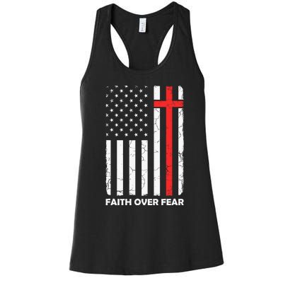 Faith Over Fear Vintage Old American Flag Cross Christian  Women's Racerback Tank