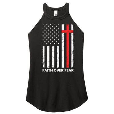 Faith Over Fear Vintage Old American Flag Cross Christian  Women’s Perfect Tri Rocker Tank