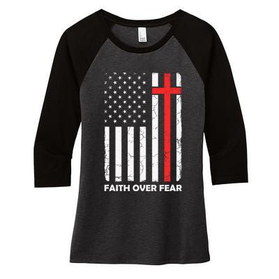 Faith Over Fear Vintage Old American Flag Cross Christian  Women's Tri-Blend 3/4-Sleeve Raglan Shirt